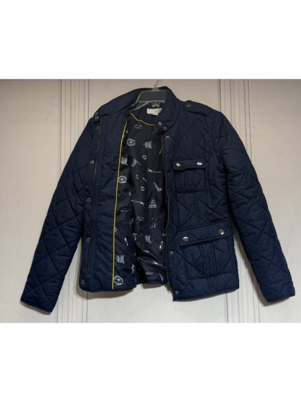Boden Navy Blue Quilted Bomber Jacket Coat Womens Size 6 Gold Snaps